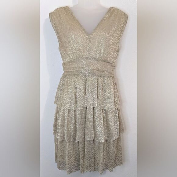 Lilly Pulitzer Ruffle Gold Maximalist Boho Feminine Chic Cocktail Dress NWT S - Picture 3 of 12